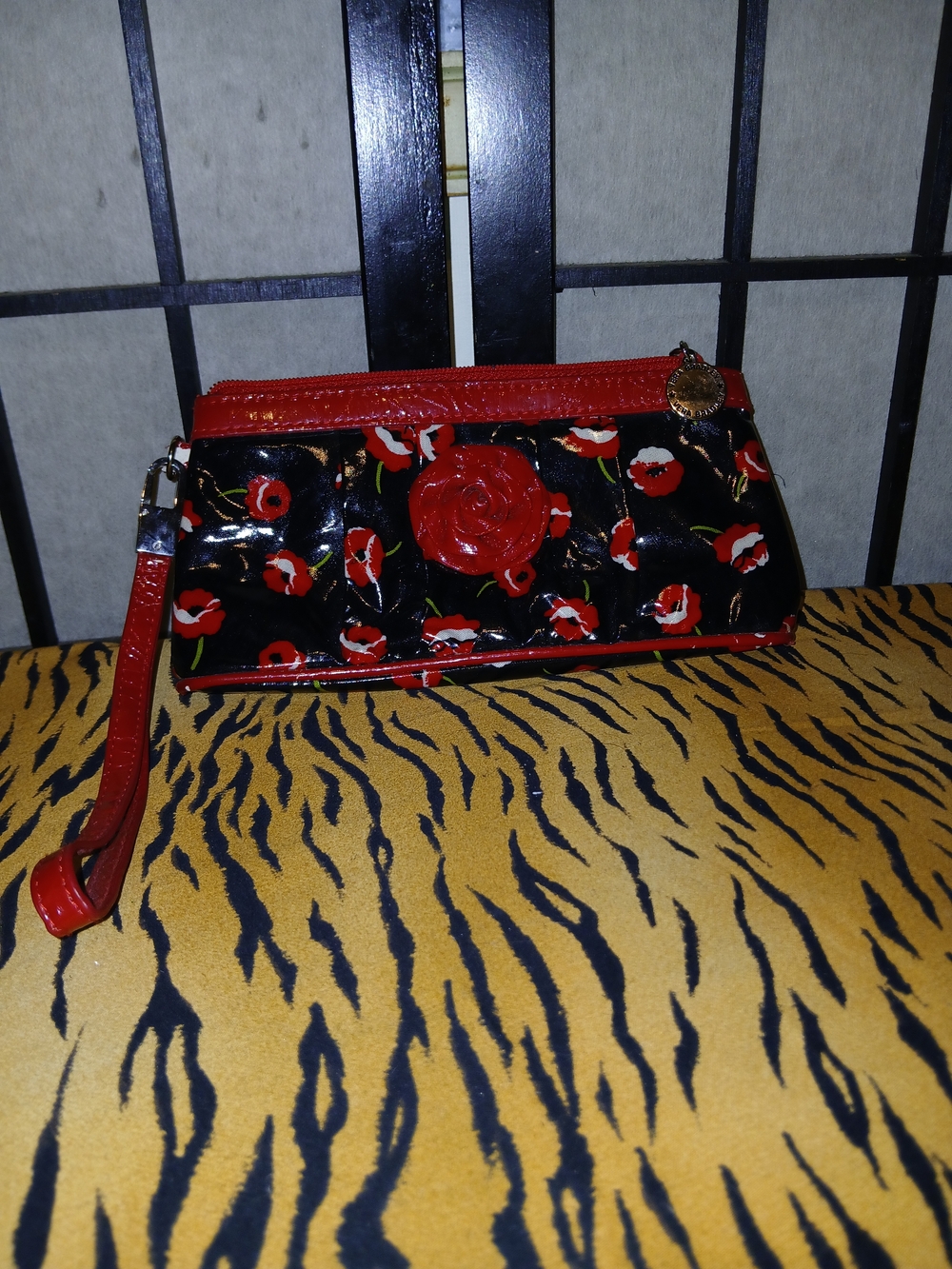Vera Bradley Black Wristlet with Red Floral Accents
